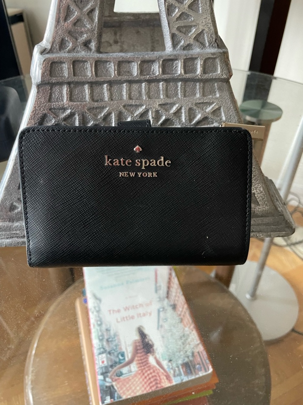 kate spade Black Saffiano Compact Wallet with Gold Logo